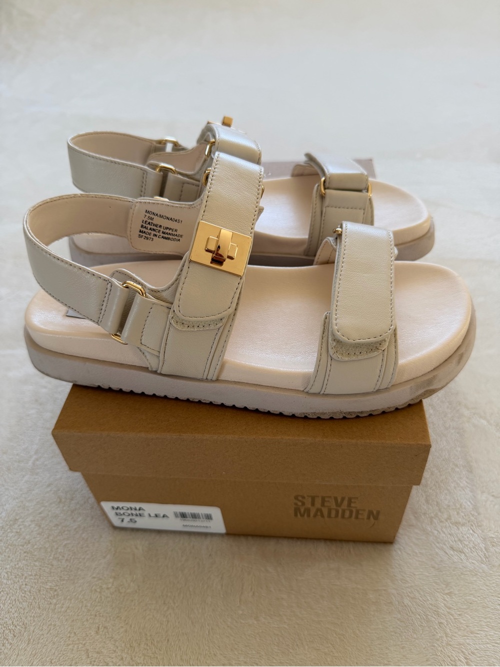 Steve Madden Bone Leather Strappy Sandals with Gold Hardware - Picture 6 of 8